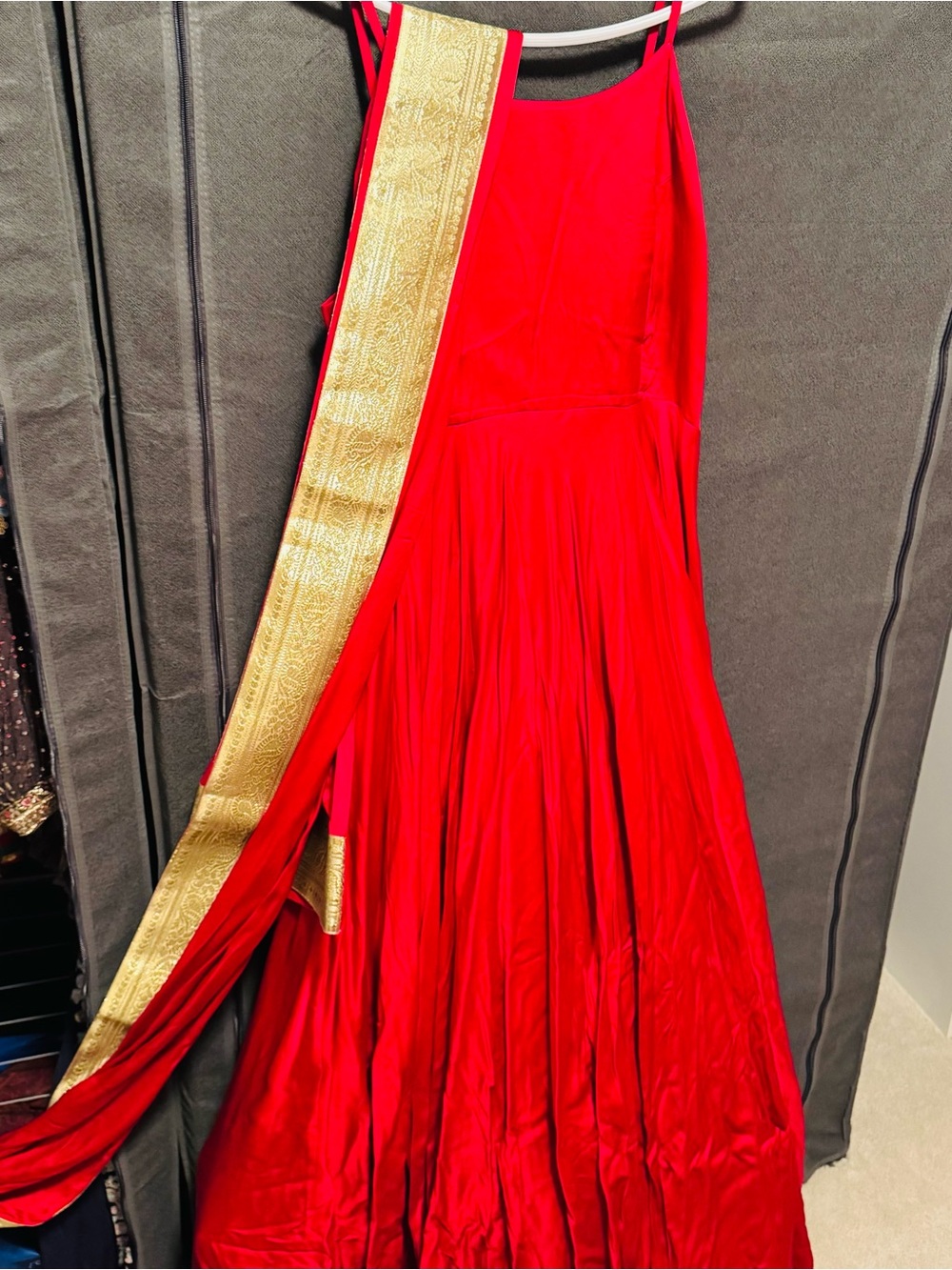 Red Sleeveless Anarkali Dress with Gold Border Dupatta